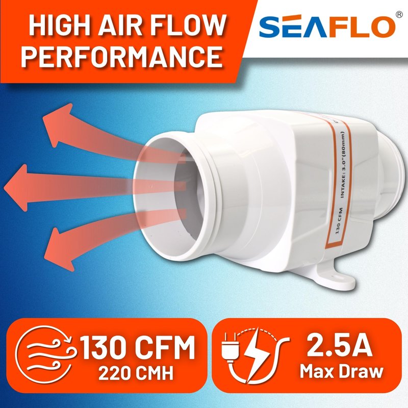 SEAFLO 3" In-Line Marine Bilge Air Blower - 12V, 130 CFM, 2.5A Max Draw, 4-Blade Fan, Ultra-Quiet Operation, White, 3 Inch for Yacht/Sailboat/Boat - ISO 8846, CE & RoHS Certified - 4-Year Warranty