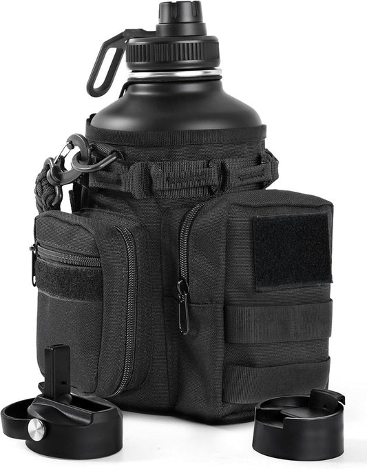 Tactical Half Gallon Water Bottle - 64 Oz Insulated Stainless Steel Jug with Molle Holder & 3 BPA-Free Lids | Black