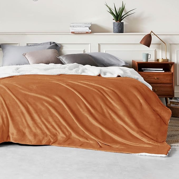 Bedsure GentleSoft Sherpa Fleece Blankets Queen Size for Bed - Thick and Warm, Soft Fuzzy Plush Queen Blanket for Winter, Burnt Orange, 90x90 Inches