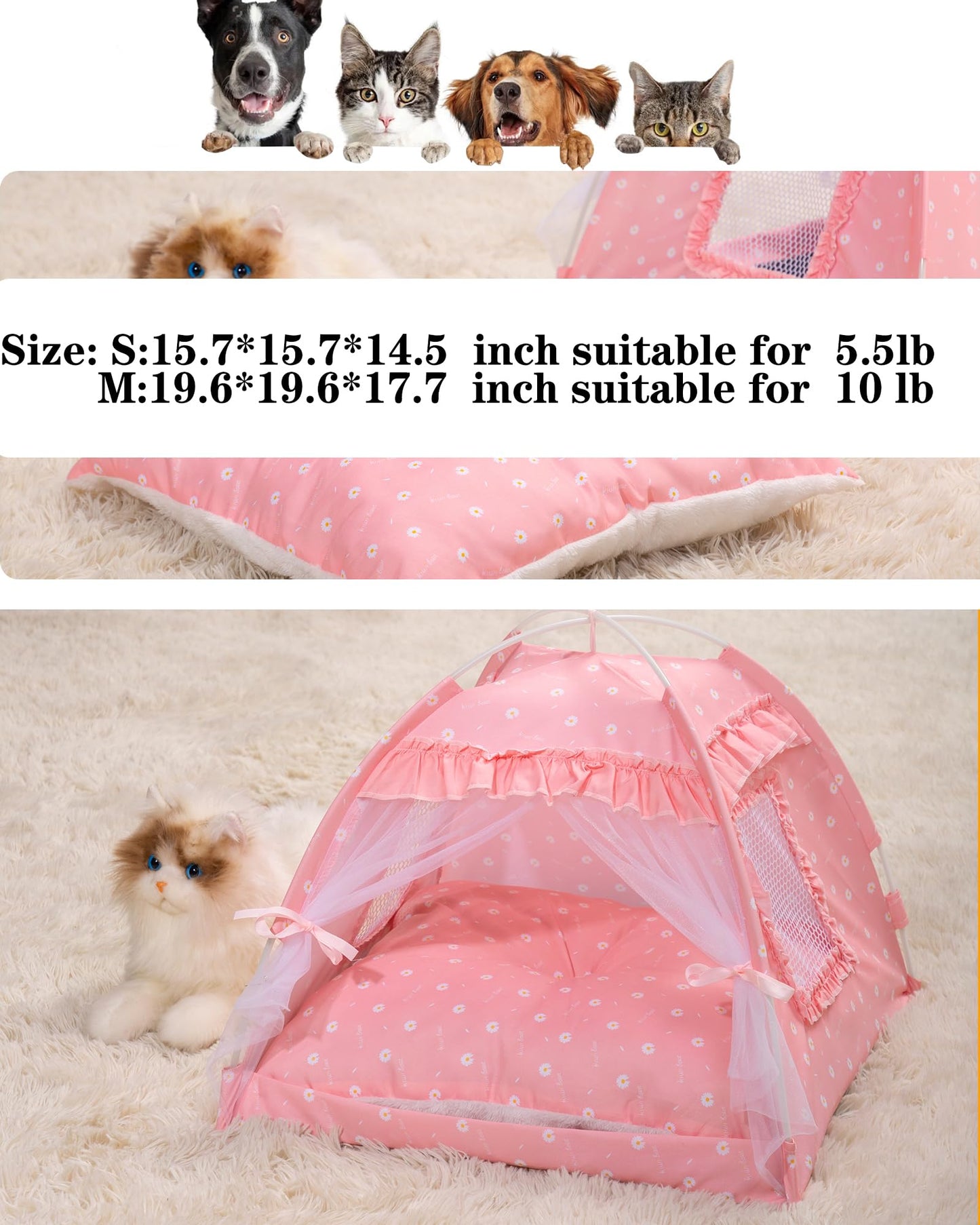 SEIMMIE Cat Princess Bed Tent House - Kitty Cute Tent Indoor,Small Dog House Indoor/Outdoor Cave Nest Bed Small Dog Tent for Cat,Puppy Tent (15.7"x15.7"x14.5"/Pink)