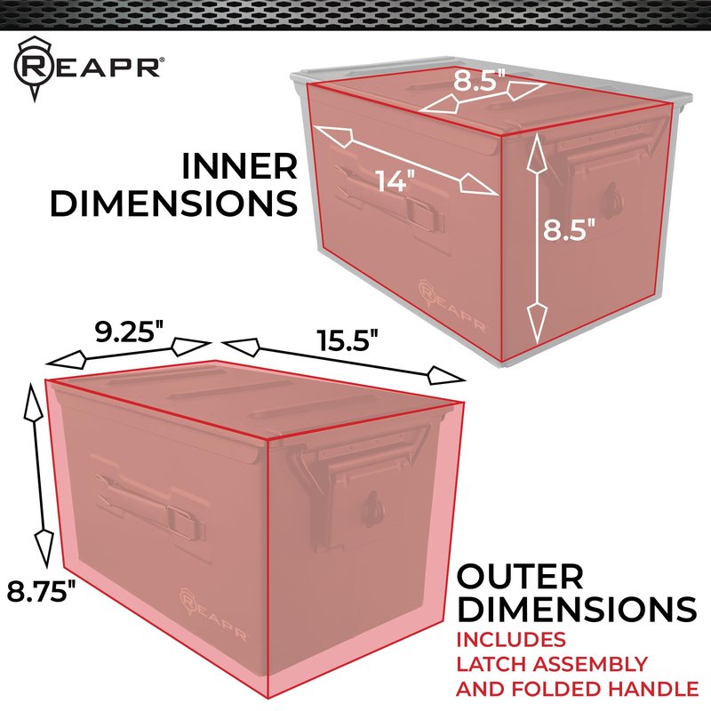 Reapr XL Ammo Box – Lockable Heavy Duty Steel Ammo Can for 9mm, 223, 50 Cal, Airtight Military Storage Case for Tools, Gear or Ammunition, Water Resistant Metal Footlocker Style Organizer