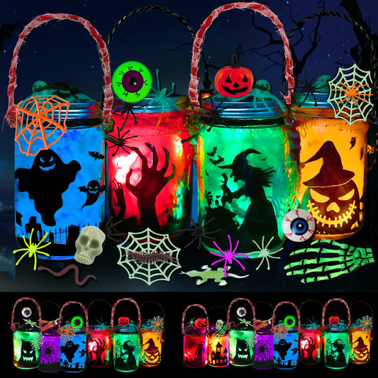 4 Pack Halloween DIY Lantern Jar Craft Kit Decor Supplies Gifts ,Halloween Crafts for Kids Ages 4-12 ,for Adult ,Crafts Activities for School, Indoor Outdoor Garden Home DIY Decor Art Kit Project