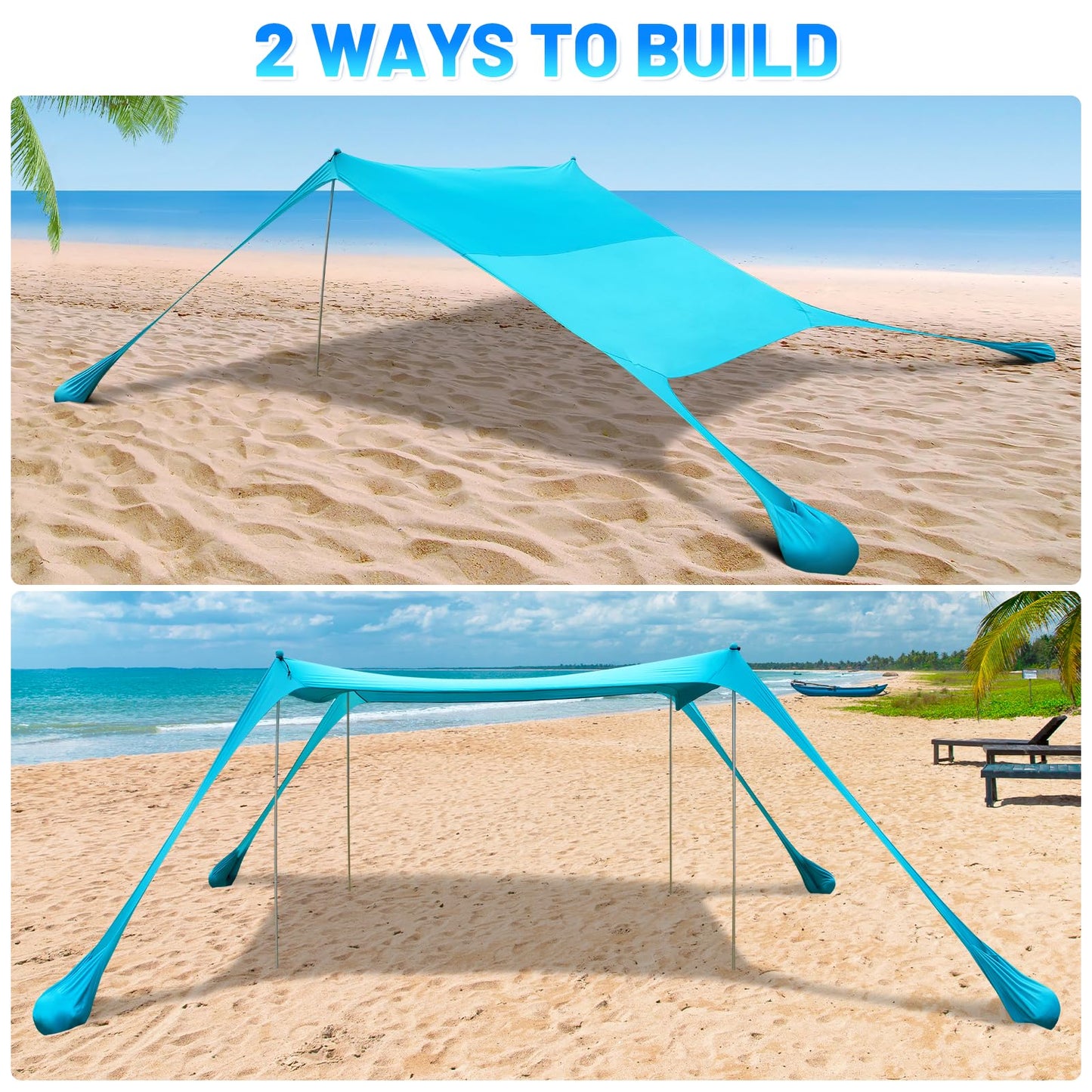 BOTINDO Family Beach Tent Canopy Sun Shade, Pop Up Grande Beach Tent Sun Shelter Stability 4 Poles with Portable Carry Bag Outdoor Shade for Fishing Backyard Camping (Turquoise, 10x10FT 4Pole)