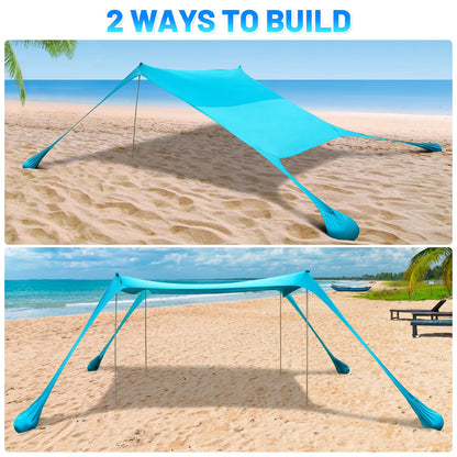 BOTINDO Family Beach Tent Canopy Sun Shade, Pop Up Grande Beach Tent Sun Shelter Stability 4 Poles with Portable Carry Bag Outdoor Shade for Fishing Backyard Camping (Turquoise, 10x10FT 4Pole)