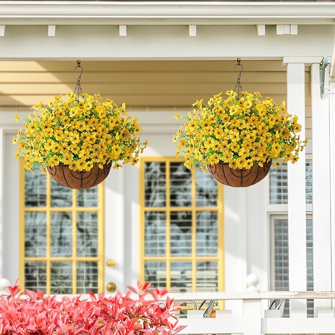 Artificial Faux Hanging Plants Flowers Basket for Fall Outdoor Decoration, Fake Silk Daisy in Planter Realistic UV Resistant Look Real for Porch Home Patio Balcony Yard(Yellow)