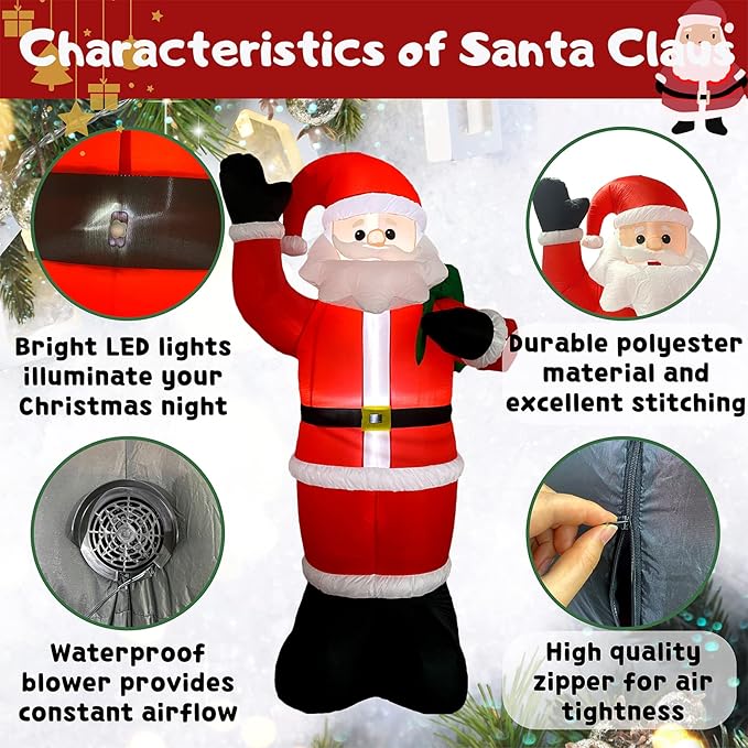 Inflatable Christmas Yard Decorations 8FT Santa Claus with Gift Bag Blow Up Outdoor Decoration with Built-in LED Light for Indoor Outdoor Party Holiday Xmas Garden Lawn Décor