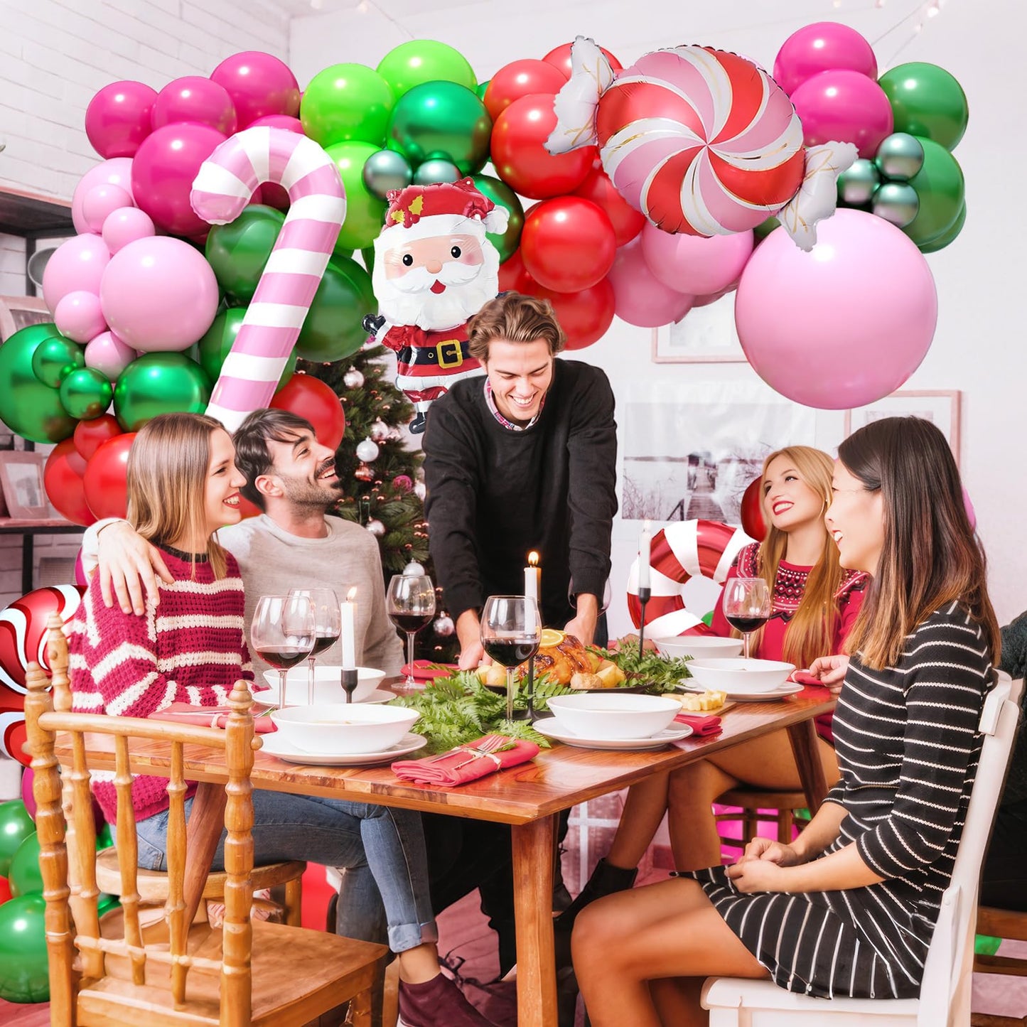 FunHot Christmas Balloon Arch Kit, Xmas Fruit Green Pink Balloon Garland, Hot Pink Red Metallic Green Latex Balloons with Candy Cane Santa Claus Windmill Foil Balloons for Christmas Party Decorations