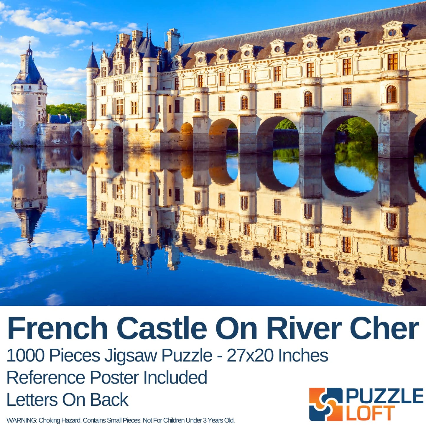 Jigsaw Puzzle for Adults 1000 Pieces - French Castle On River Cher - Size Large 27 x 20 inch - Refrence Poster 11x16, Sturdy Tight Fitting Pieces, Letters On Back, Rated Hard