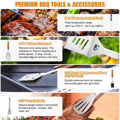 Cifaisi BBQ Grill Accessories Set, 38Pcs Stainless Steel Grill Tools Grilling Accessories with Aluminum Case, Thermometer, Grill Mats for Camping/Backyard Barbecue, Grill Set for Men Women