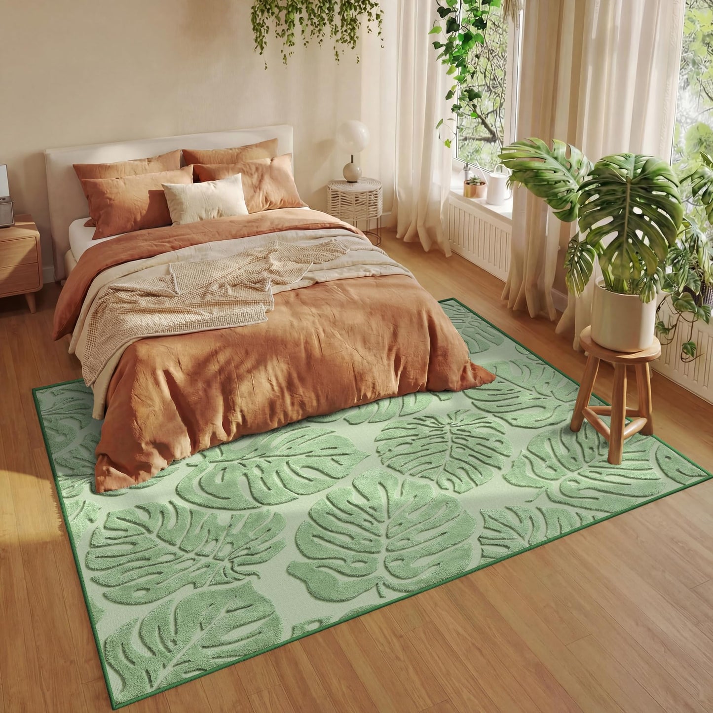 Sage Green Monstera Area Rug 5x7, High-Low Plush Pile Washable Rugs for Living Room Bedroom, Tropical Non Slip Nursery Carpet Soft Indoor Shag Rugs for Dining Room