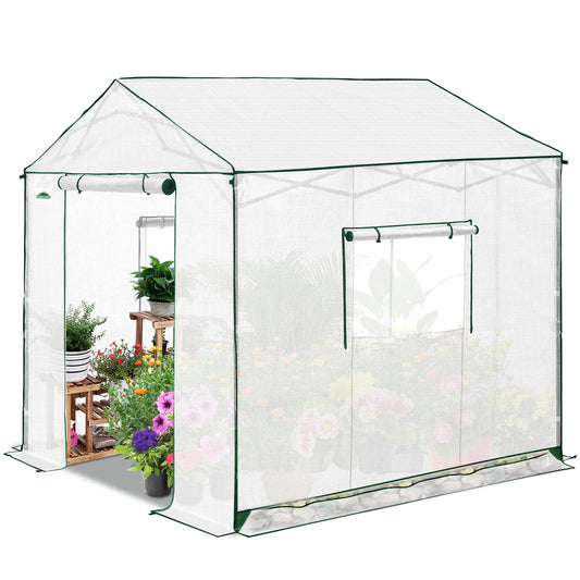 EAGLE PEAK 8x8 Portable Pop Up Greenhouse, Patented Center Lock Easy One Person Setup, Walk-in Outdoor Greenhouse with Gable Roof, Weight Bags, Zippered Doors & Windows, White