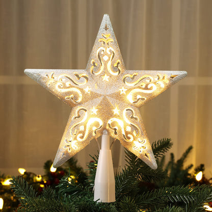 Brizled Star Christmas Tree Topper, 8" Glittered Hollow-out Tree top Star, Double-Sided 3D Tree Topper with 10 Lights, UL Certified Lighted Xmas Tree Topper for Holiday Christmas Tree Decor, Silver