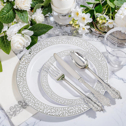 Festiva 350PCS Silver Plastic Dinnerware Set - Disposable Lace Silver Plates and Napkins Party Supplies - include plates,napkins,cups,silverware - Serve for 50 Guests Party&Wedding