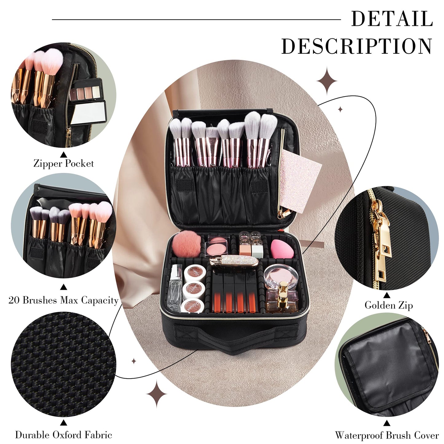 Joligrace Makeup Bag Cosmetic Case Vanity Travel Beauty Box Make Up Train Case Hairdressing Tools Organiser with Adjustable Compartment Oxford Fabric, Black