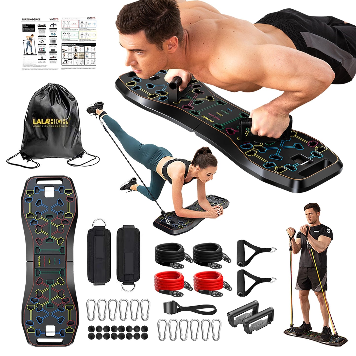 LALAHIGH Push Up Board,36 in 1 Home Gym Equipment with Ab Roller Wheel & Resistance Bands, Portable Foldable Workout Board for Full Body Strength Training Men Women