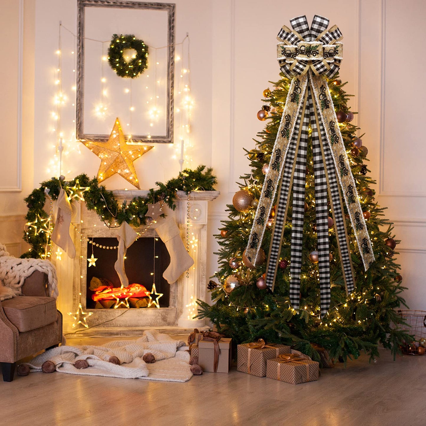 GOGOSY Christmas Tree Topper Bow,48''x 13'' Large Buffalo Plaid Truck Wreath Bows Handmade Xmas Ornaments with Long Burlap Wired Edge Ribbon for Farmhouse Christmas Decoration(Black and White Plaid)