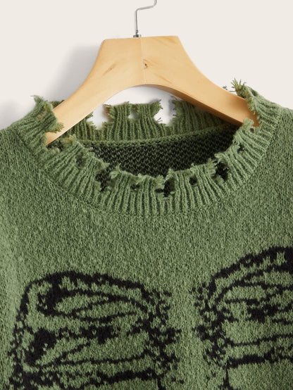 SHENHE Women's Oversized Skeleton Pattern Ripped Round Neck Sweater Pullover Green M