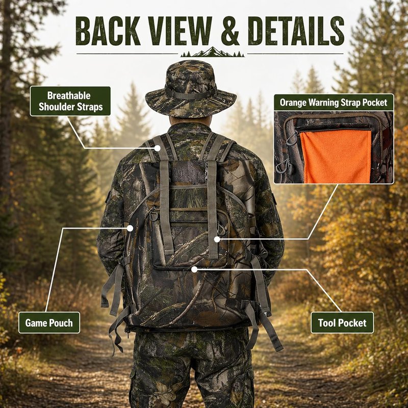 Turkey Hunting Vest with Detachable Flip-Down Seat Mat - Camouflage Game Pouch for Men & Women