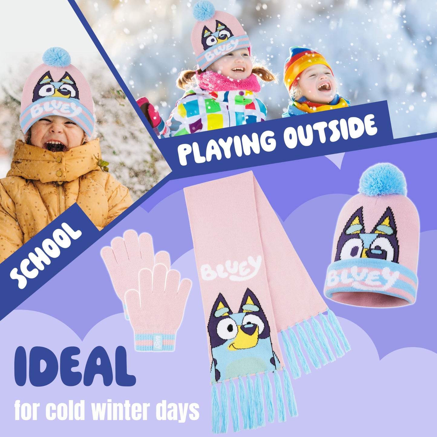 Bluey Girls Winter Accessories Set Cosy Warm Knit Hat Scarf & Kids Gloves or Beanie & Gloves School Travel, Kids Gifts (Pink Bluey 3 Pcs, 3-9 Years)