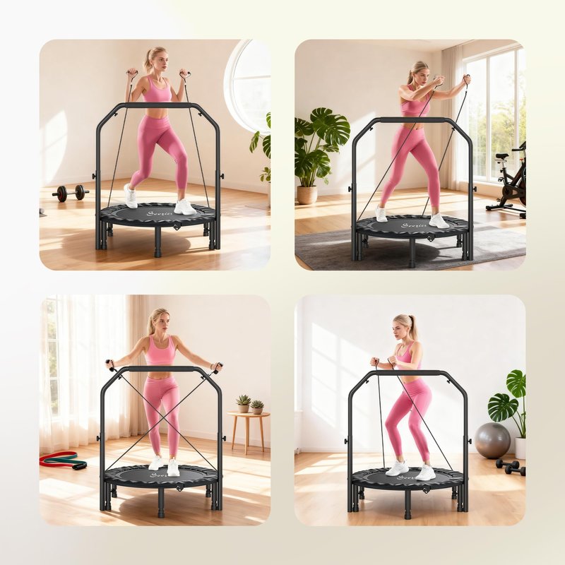 Soozier 40" Foldable Mini Trampoline, Rebounder Trampoline for Adults with Adjustable Foam Handle and Resistance Bands, Fitness Rebounder for Indoor Outdoor Workout, Max Load 330 lbs, Black