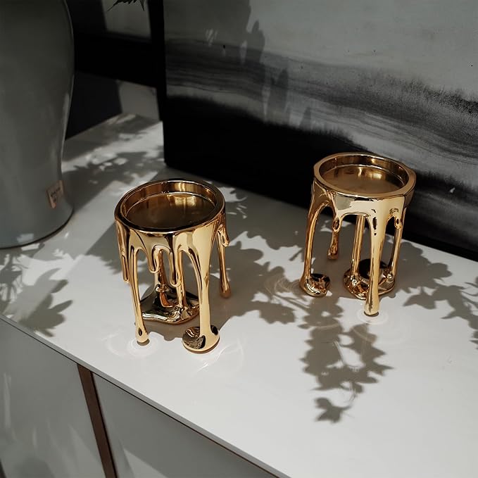 Decorative Candle Holders Set of 2 – Melting Drip Candle Stand for Pillar Candles – Sculptural Fireplace Decor, Gothic Table Centerpiece, Unique Home Accent(Gold, Set of 2)