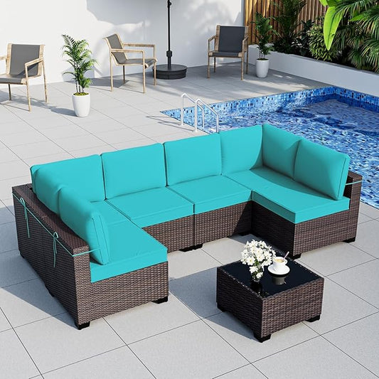 ALAULM 7 Pieces Patio Furniture Set with Coffee Table, Outdoor Sectional with Thick Cushion, All Weather Wicker Rattan Conversation Set for Backyard, Garden, Deck, (Turquoise)