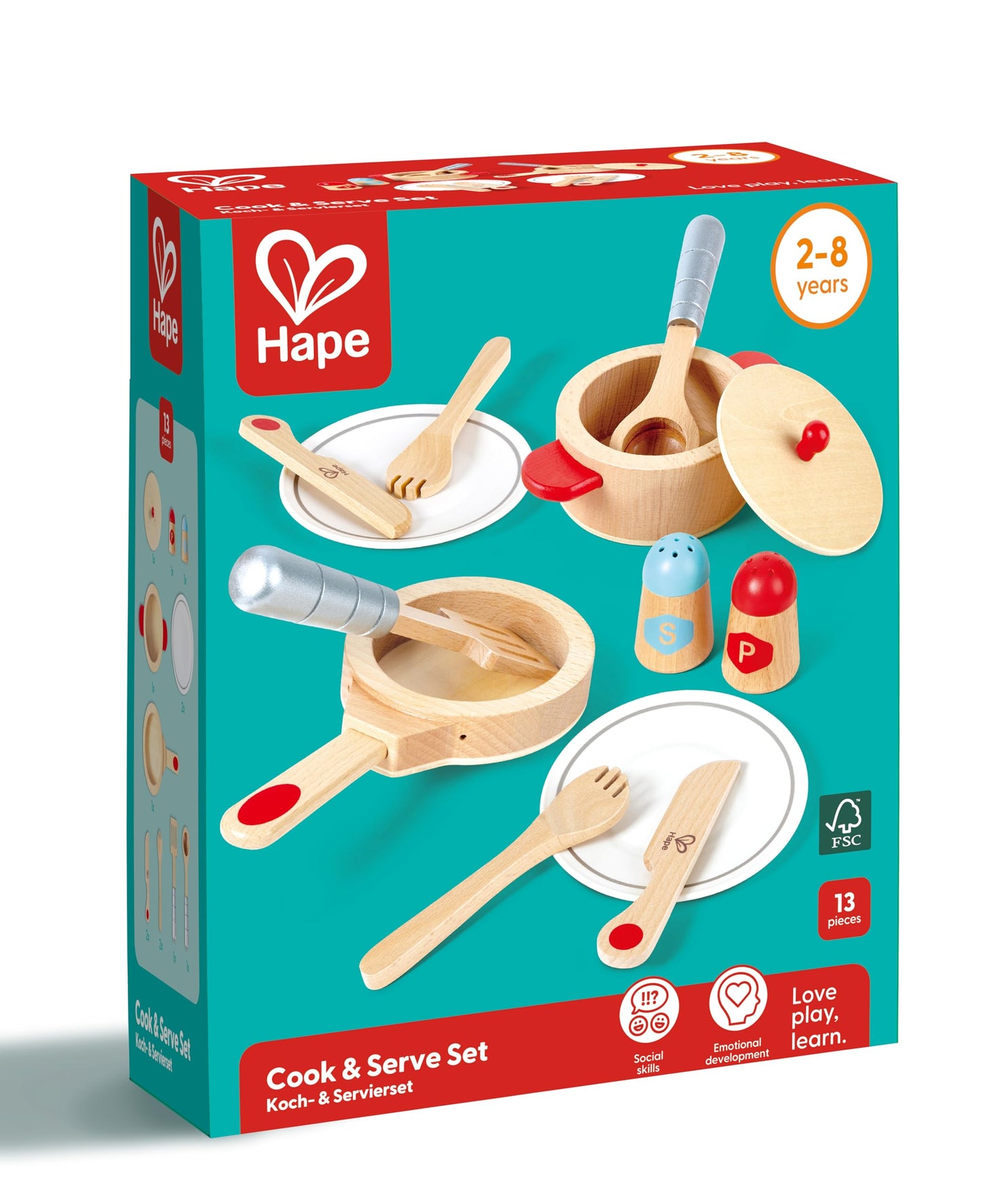 Hape Cook & Serve Set | 13 Piece Wooden Pretend Play Cooking Set with Accessories