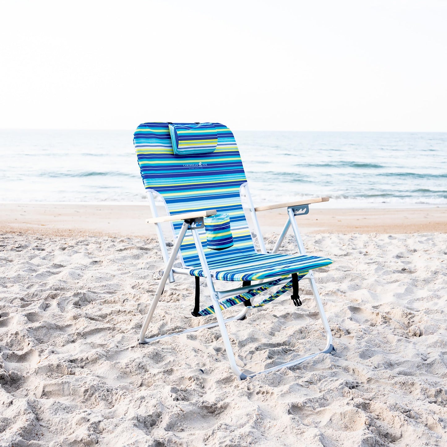 Caribbean Joe Folding Beach Chair, 4 Position Portable Backpack Foldable Camping Chair with Headrest, Cup Holder, and Wooden Armrests, Blue and Lime Stripe