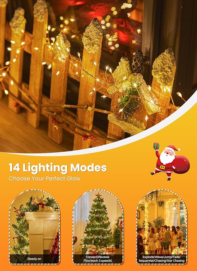 Flowing Fairy Lights Plug in with 14 Modes, 10FT 388LED Twinkle Firecrackers String Lights Indoor, Christmas Tree Cluster Lights Waterproof for Bedroom Garland Christmas Decor, Warm White