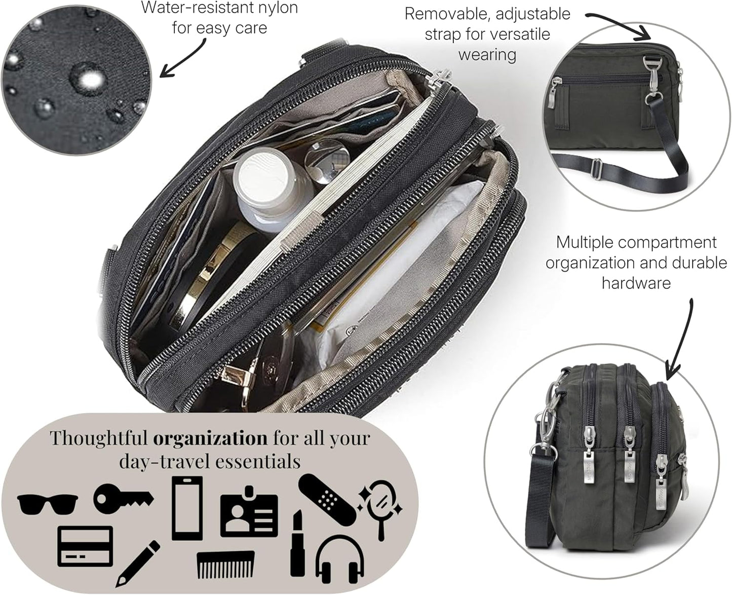 Baggallini Triple Zip Small Crossbody Bag for Women - 8x6 Lightweight Convertible Fanny Pack Belt Bag
