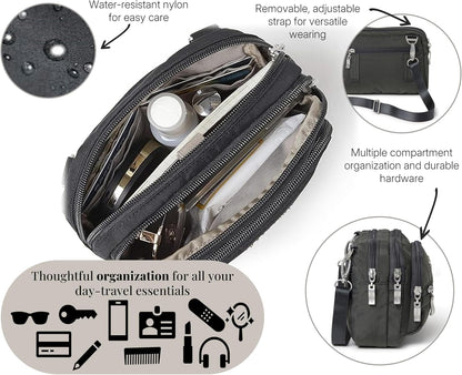 Baggallini Triple Zip Small Crossbody Bag for Women - 8x6 Lightweight Convertible Fanny Pack Belt Bag