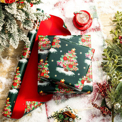 Burymento Christmas Wrapping Paper, Reversible Green Christmas Tree with Red Bow Design Gift Wrapping Paper Suitable for Holiday, Mini Roll (17 Inch X 32.8 Feet)