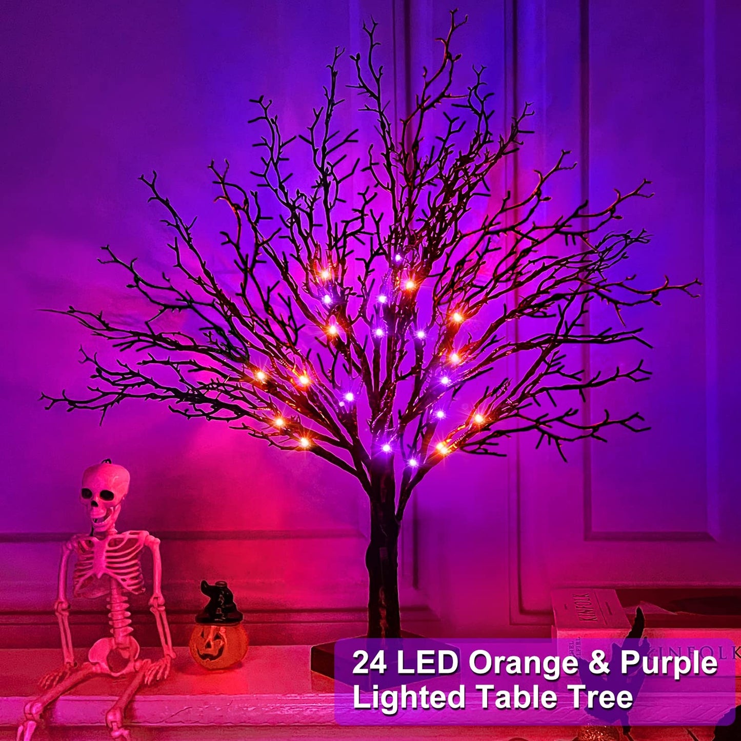 Timer - 24 Inch Lighted Halloween Tree with Orange & Purple LED Lights Black Tree Battery Operated Tabletop Spooky Tree for Halloween Decorations Indoor Home Table Party Holiday Festival Decor