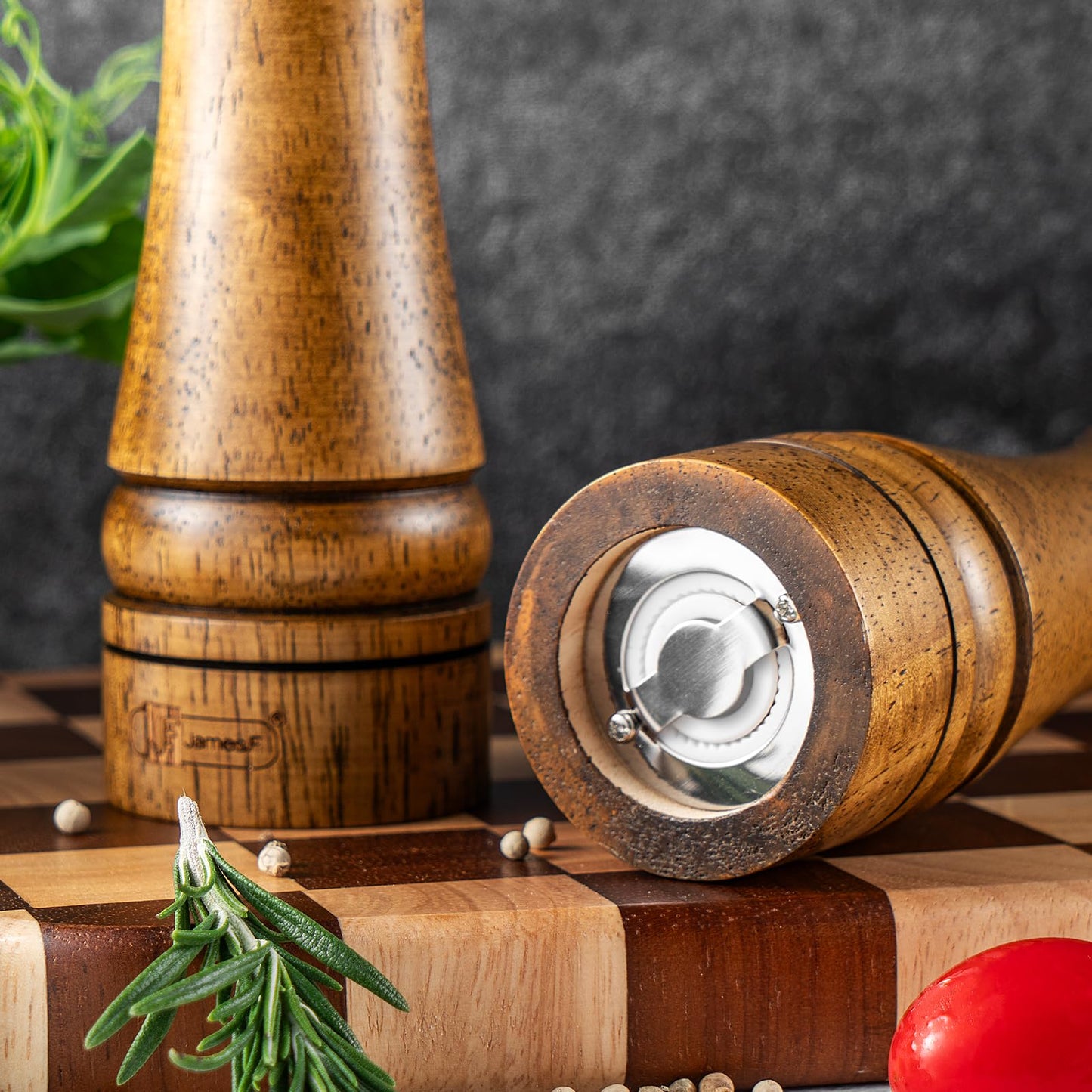 JF JAMES.F Salt and Pepper Mill Sets, 8 inch Wooden Salt and Pepper Grinders with Ceramic Core Wood Salt and Pepper Shakers Set of 2