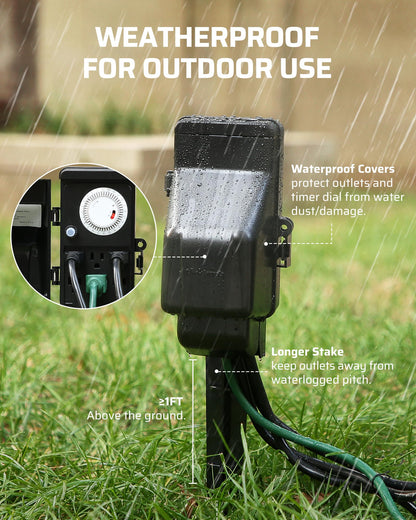 DEWENWILS Outdoor Mechanical Power Strip Timer, 24 Hour Multi Socket, Waterproof 6 Outlet Garden Power Stake, 6 ft Cord, 1800W/15A Heavy Duty, for Lights, Yard, Garden