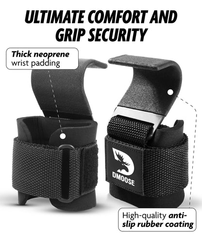 DMoose Fitness Weight Lifting Hooks (Pair) for Deadlifts, Pull Ups & Shrugs - 500 Lbs Capacity, Thick Wrist Padding - Heavy Duty Gym Workout Grips Straps for Men and Women