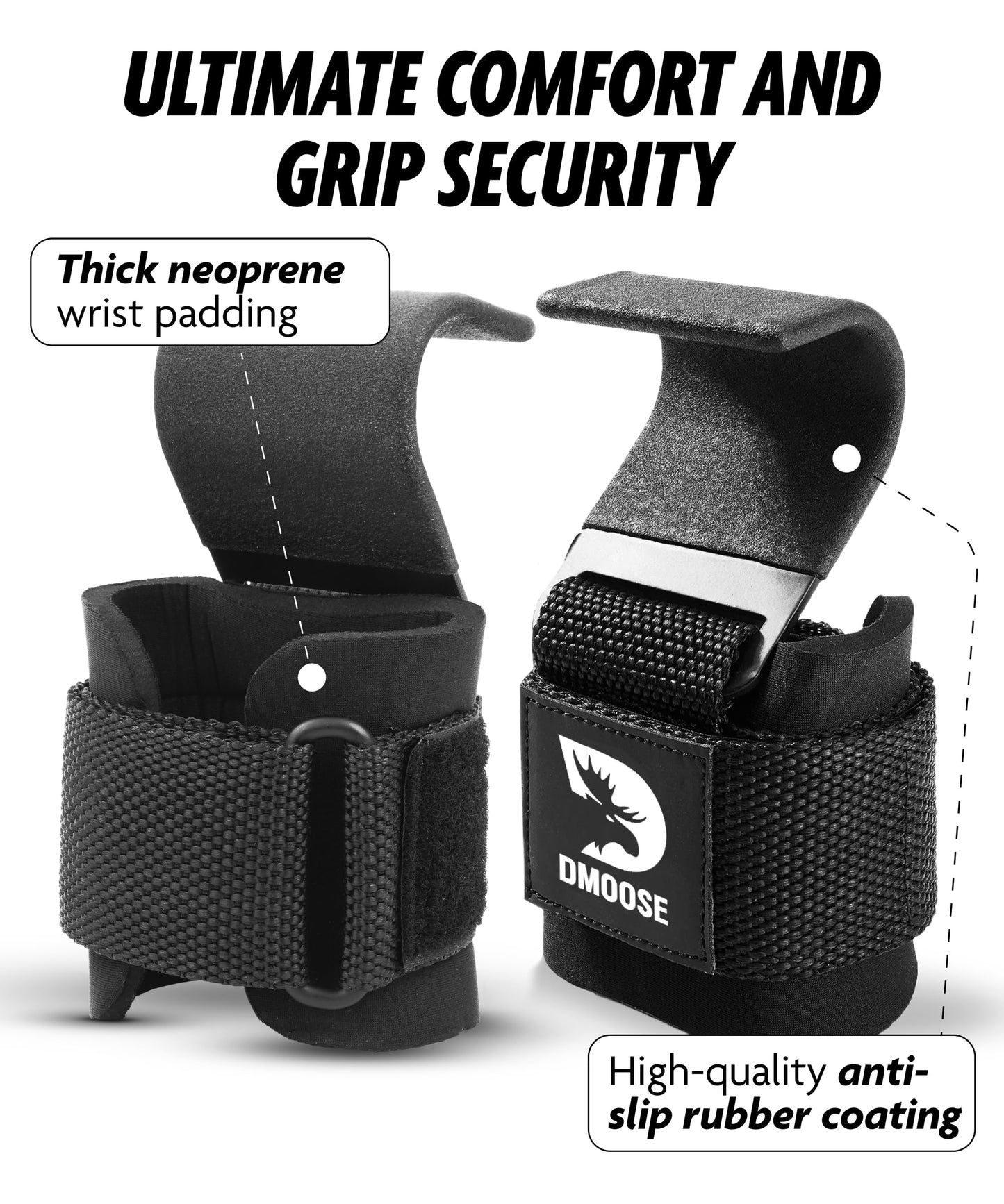 DMoose Fitness Weight Lifting Hooks (Pair) for Deadlifts, Pull Ups & Shrugs - 500 Lbs Capacity, Thick Wrist Padding - Heavy Duty Gym Workout Grips Straps for Men and Women