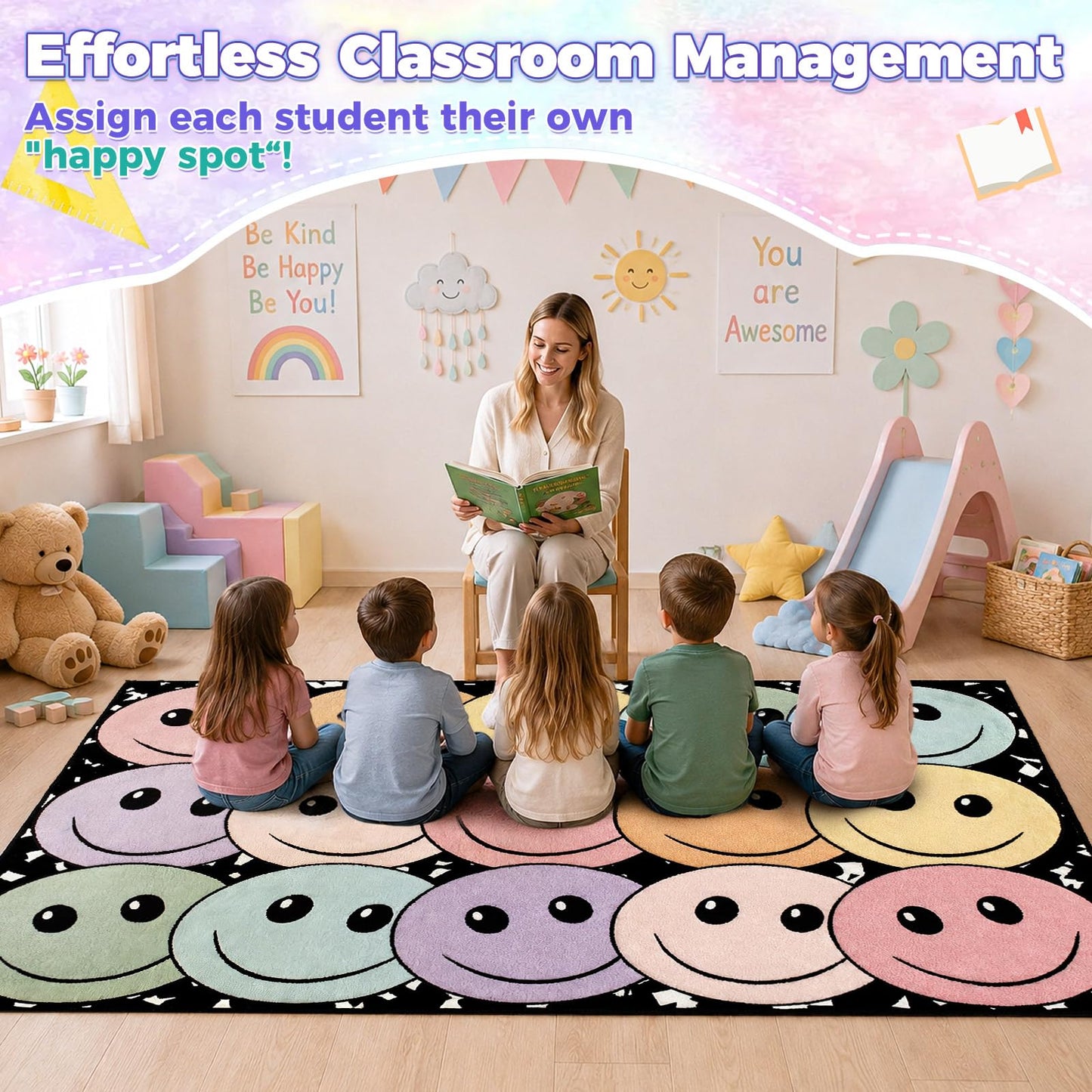 5' x 7' Composition Notebook Classroom Rug Pastel Smiley Face Seating Carpet for Kids, Washable Non-Slip Educational Area Rugs Large Soft Play Mat for Kindergarten Nursery Playroom Decor