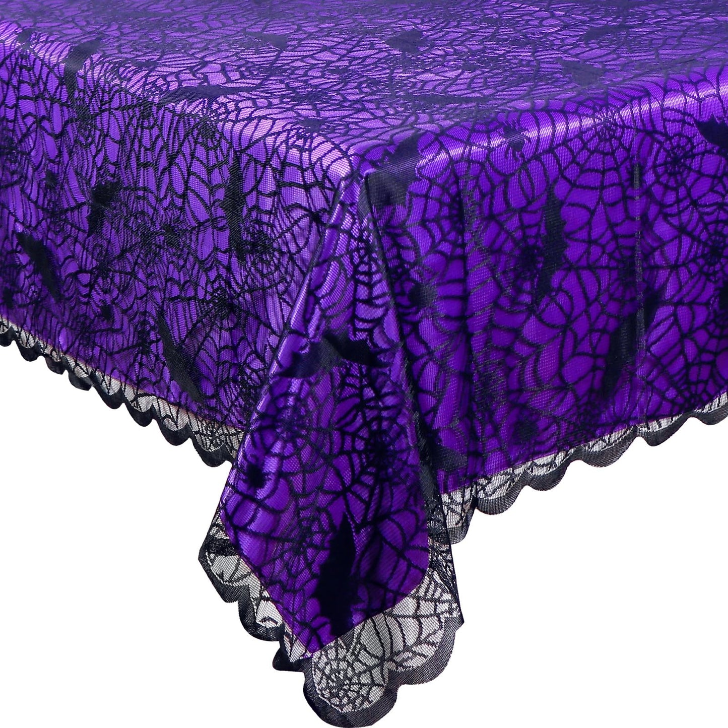 OurWarm 2PCS Halloween Tablecloth, Rectangular Polyester Black Lace & Purple Lined Tablecloth, Spider Web Table Cover for Scary Halloween Table Decorations, 60 x 84 Inch