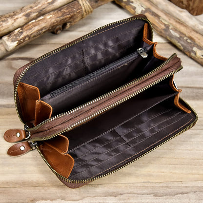 LUUFAN Men's Genuine Leather Clutch Bag Double Zipper Purse 4 Interlayer Zip-Around Wallet (Brown 4)