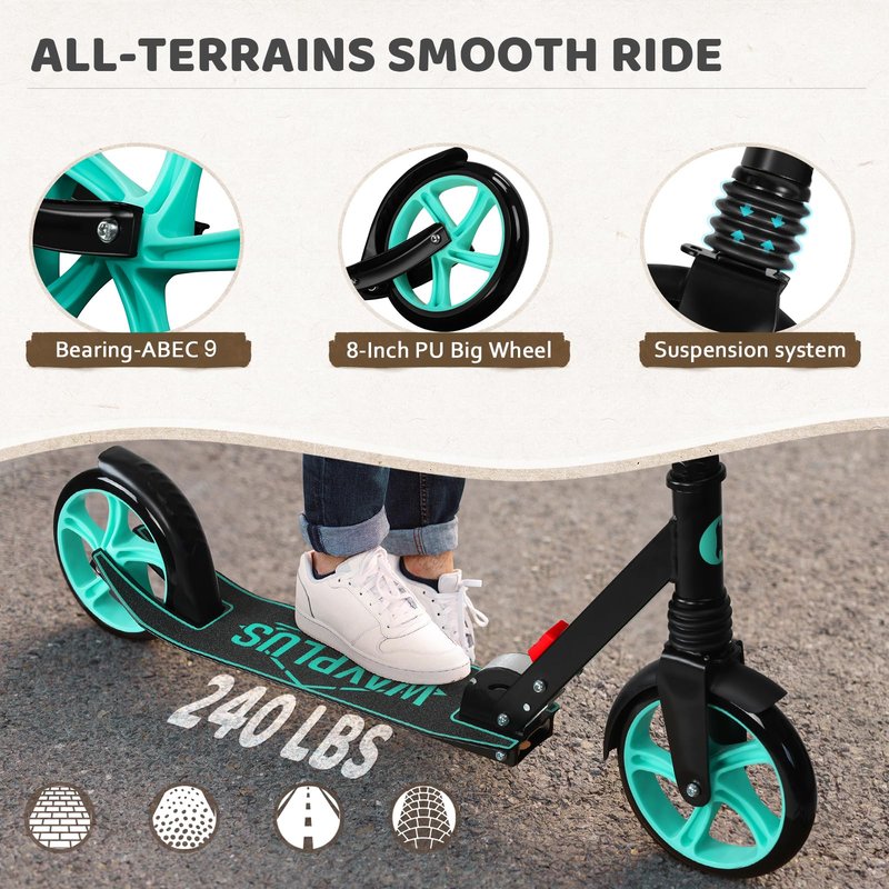 WAYPLUS KS1 Kick Scooter for Ages 6+,Kid, Teens & Adults. Max Load 240 LBS. Foldable, Lightweight, 8IN Big Wheels for Kids, Teen and Adults, 4 Adjustable Levels. Bearing ABEC9 FED Fitness