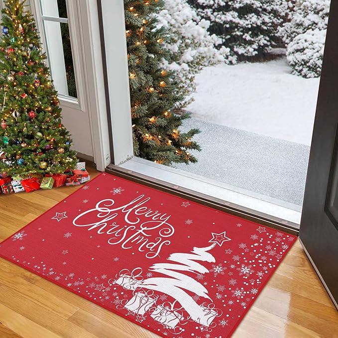 CAROMIO Christmas Welcome Mat 20x32 Inch - Xmas Decorative Doormat with Christmas Tree & Snowflake Pattern - Non Slip, Holiday Outdoor/Indoor Entrance Floor Mat