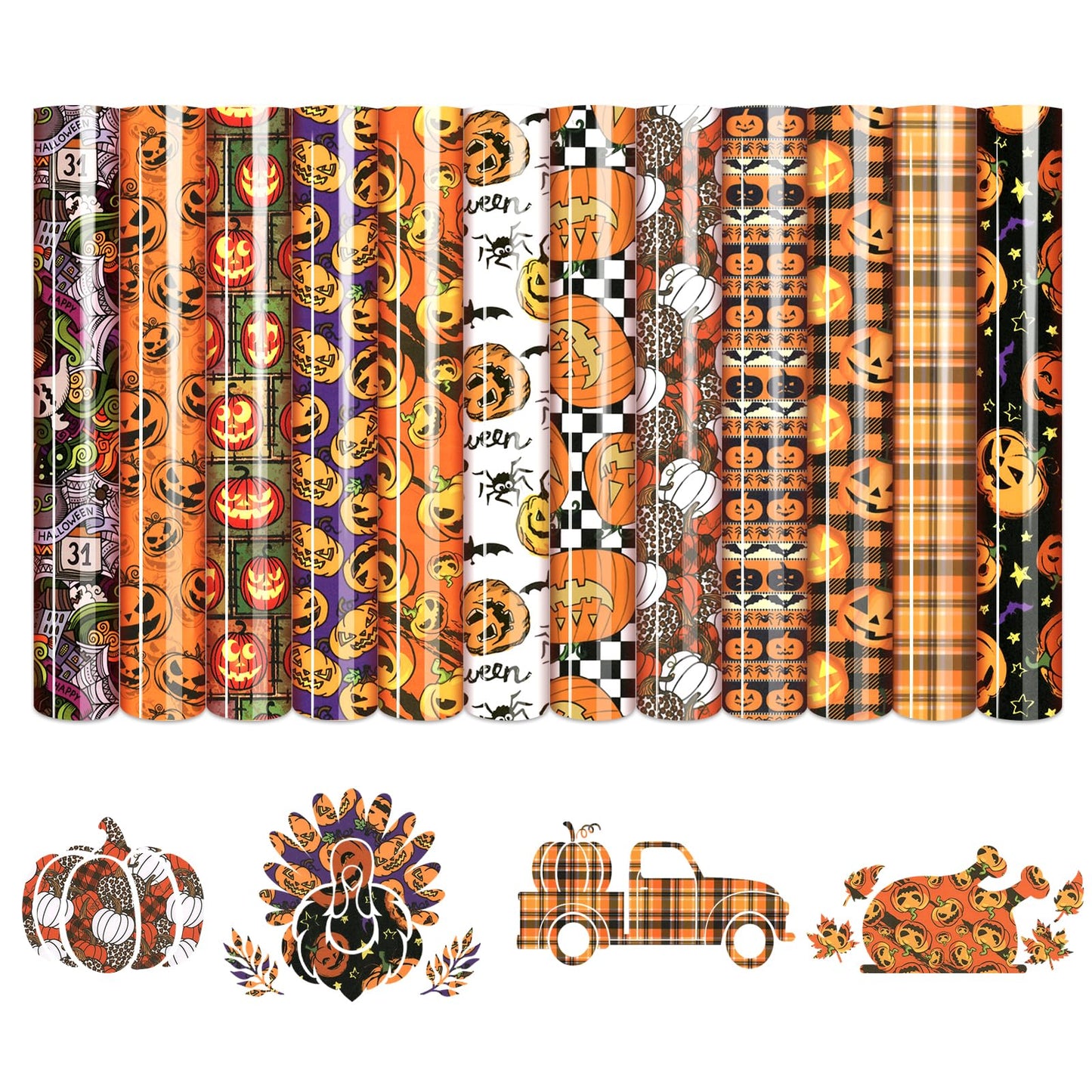HTVSTD Halloween Pumpkin HTV Vinyl - 12 Sheets (12'' x 10'') Pumpkin HTV Heat Transfer Vinyl Patterned Iron On Vinyl for T-Shirts