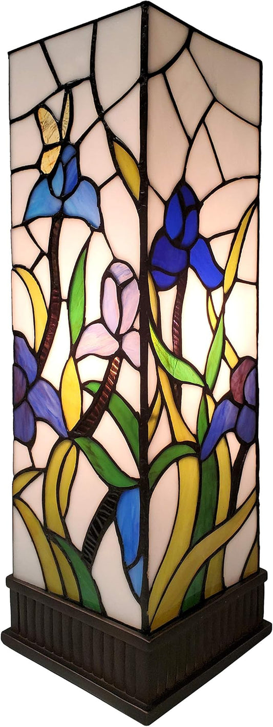Amora Tiffany Style Table Lamp Banker Blue Green Pink Iris Flower Butterfly Stained Glass Bedside Nightstand Vintage Antique 17.5" Tall 6" Wide Handmade Gift AM1115TL06B Lighting