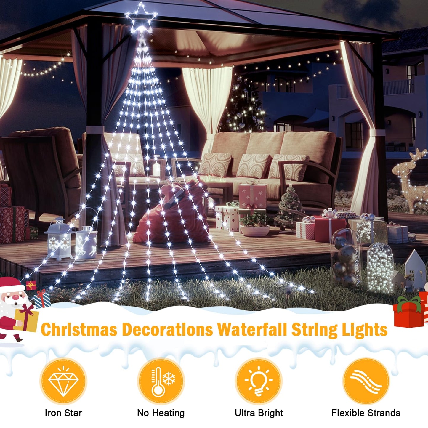 Christmas Decorations Star String Lights, 344 LED Waterfall Tree Lights with 11" Topper Iron Star Christmas Lights Indoor Outdoor Decorative for Wedding Party Home Holiday Decor (Pure White)