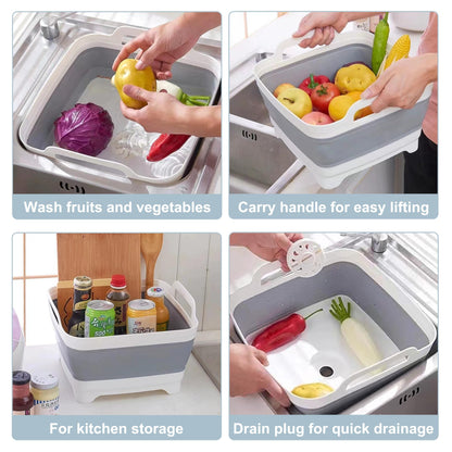 2.4 Gal(9L) Collapsible Dish Basin with Drain Plug, Space Saving Outdoor Multiuse Foldable Sink Tub, Dishpan, Kitchen Storage Tray for Camping, Vegetable Washing, RV (Gray)