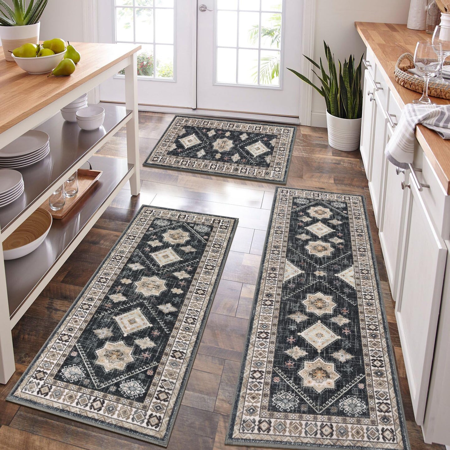 HEBE Boho Kitchen Rug Sets 3 Piece with Runner Non Slip Kitchen Rugs and Mats Washable Kitchen Mats for Floor Thick Kitchen Floor Mat Carpet Runner Rugs for Hallway Laundry Holiday Decor