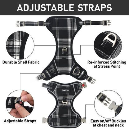 GAMUDA Dog Harness Collar and Leash Set, Horse Care Sheets, No Chock No Pull Adjustable Vest Harnesses Plaid Reflective for Medium Dog, Cat, Small Horse, Small Bull and Pig (Black, M)