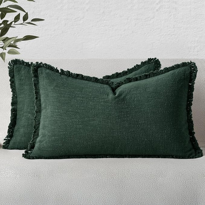 MIULEE Christmas Decorative Lumbar Throw Pillow Covers Neutral Linen Fringe Throw Pillows Set of 2 Army Green Boho Farmhouse Cushion Covers for Couch Sofa Bed Living Room Spring Home Decor 12x20 Inch