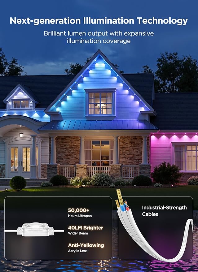 Permanent Outdoor Lights, 200FT with 128 Smart RGBIC LED Lights, DIY Scene Mode, IP68 Waterproof Christmas Light for Daily and Accent Lighting, Outdoor Decor, House Roof, Holiday Decorations
